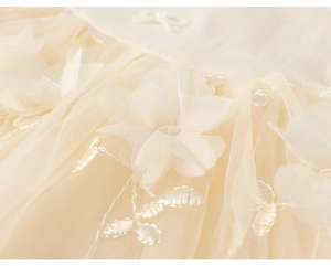 Detailed macro view of 3D mesh floral appliques and fine embroidery on a girls tulle dress