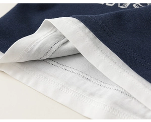 Macro shot of the layered hem detail and precision stitching on the navy kids sweatshirt