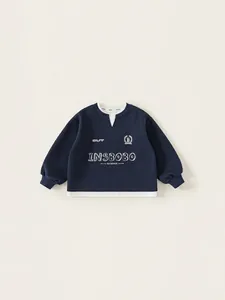 Kids Faux Two-Piece Sweatshirt Navy Blue American Vintage Letter Print Cotton Blend Pullover Round Neck Top For Boys Girls