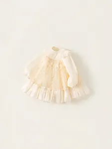 Elegant cream mesh princess dress with floral embroidery and tiered tulle skirt for girls