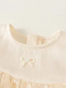 Girls' solid color mesh dress with elegant bow, pearl detail and flutter sleeves