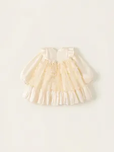 Elegant cream mesh dress for girls with flower embroidery and ruffled wing sleeves