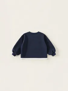 Kids navy blue fake two-piece sweatshirt with white layered hem and ribbed cuffs