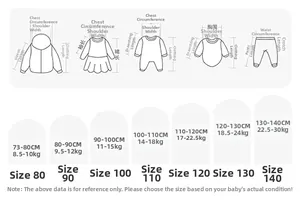 Size chart for kids hooded jacket and pants set covering heights 73cm to 140cm