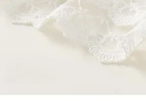 Detailed close-up of white soft mesh lace embroidery with delicate floral patterns
