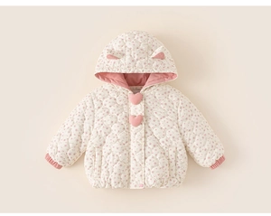 Close-up of baby floral quilted jacket with cute ears and heart buttons detail