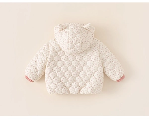 Detail view of the quilted floral baby jacket back featuring cute 3D hood ears