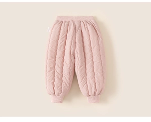 Detail view of pink quilted toddler pants with ribbed cuffs and soft padded texture