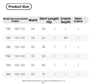 Size chart for girls' white irregular tulle skirt with measurements from size 110 to 160
