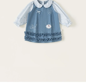 Detail of girls denim dress showing Peter Pan collar and heart embroidery patches