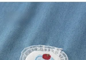 Close-up of girl's blue denim dress featuring white lace and red fruit embroidery details