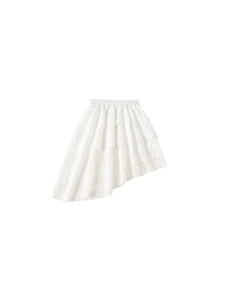 White asymmetrical tiered tulle skirt for girls with lace trim and elastic waist