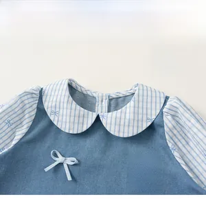 Detail of girls' denim dress featuring heart embroidery and blue checkered doll collar