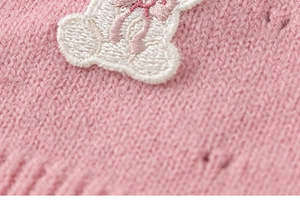 Nahaufnahme der rosa Strickjacke mit feiner Textur und Bären-Stickerei-Detail