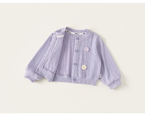 Detail of purple knitted cardigan for girls featuring textured ribs and 3D flower accents
