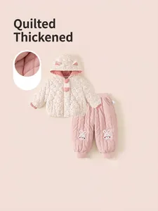 Girls Quilted Padded Hooded Jacket Floral Coat And Rabbit Embroidery Pants Winter Warm 2Pcs Kids Clothing Set Pink
