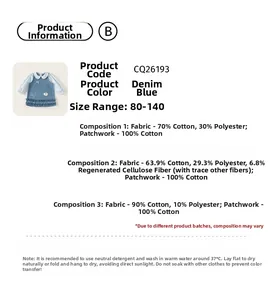 Detail view of denim blue girls' dress size chart and cotton fabric material composition