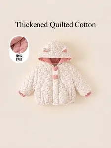 Thick floral quilted hooded jacket for girls with pink heart buttons and warm padding