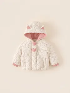 Quilted white floral hooded jacket for girls with pink heart buttons and cute cat ears