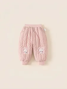 Pink quilted thick cotton pants for girls with cute white rabbit embroidery and elastic cuffs