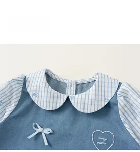Detail of Peter Pan collar with blue plaid pattern and lovely heart embroidery on denim dress