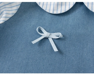 Detail of blue denim dress showing Peter Pan plaid collar and polka dot bow decoration
