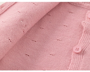 Detailansicht der rosa Strickjacke mit hohlem Rautenmuster und passenden Harzknöpfen