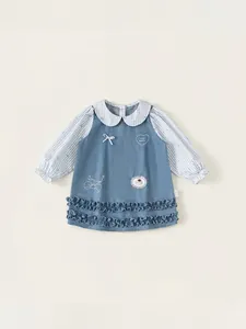 Girls Sweet Denim Patchwork Dress Striped Peter Pan Collar Ruffle Long Sleeve Cotton Toddler Princess Casual Dress