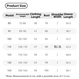 Detailed size chart for boys' hooded jacket ranging from height 73cm to 140cm in centimeters
