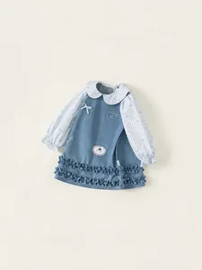 Girls denim long sleeve dress with striped patchwork sleeves and Peter Pan collar