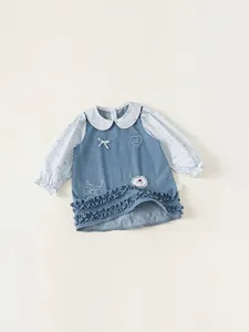 Girls denim dress with striped puff sleeves and Peter Pan collar in blue and white colors