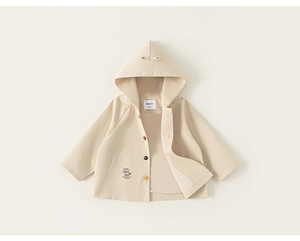 Detail of toddler hooded jacket featuring colorful buttons and cute puppy embroidery