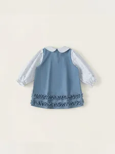Girl's denim dress with plaid stitching, doll collar, and tiered ruffles for spring