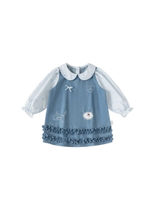 Kids denim dress with striped Peter Pan collar and heart embroidery detail