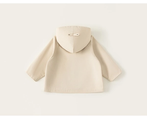Detailed back view of a beige hooded jacket for boys featuring a decorative button tab