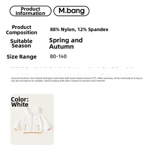 Detail of white kids hooded jacket showing 88% nylon 12% spandex fabric and size parameters