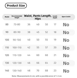 Tableau des tailles pour leggings fille avec mesures pour tailles de 73 cm à 140 cm