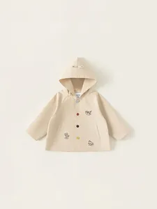 Kids Cotton Hooded Jacket Casual Spring Autumn Coat With Cartoon Animal Embroidery And Colorful Buttons Toddler Boy Outerwear