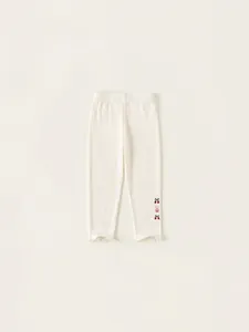 Legging en Tricot à Côtes pour Filles Broderie Cerise et Lapin Bordure Volantée Pantalon à Taille Élastique Printemps Enfants