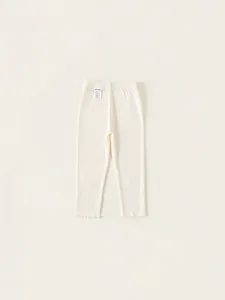 Legging côtelé blanc cassé pour filles avec taille élastique et bords à volants
