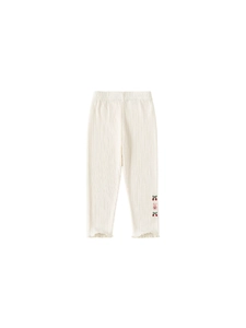 Leggings beige en maille côtelée pour fille avec broderie lapin et bordure ondulée