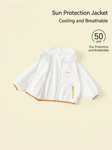 Kids' UPF 50+ cooling sun protection jacket in white with orange trim and hood