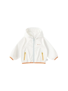 Kids hooded windbreaker jacket with light blue zipper and yellow contrast pockets