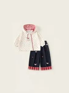 Completo da 2 Pezzi per Bambine con Felpa con Cappuccio a Pois e Pantaloni in Denim Ricamati Set Autunno Primavera