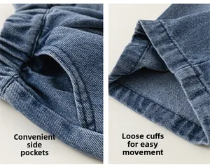 Dettaglio dell'elastico in vita con tasche laterali e orlo ampio su jeans blu