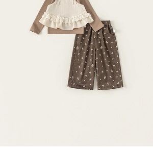 Ensemble 3 pièces pour filles avec pantalon floral, haut de base et caraco en dentelle