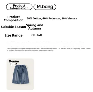 Tabella dettagliata dei pantaloni in denim blu con specifiche del cotone e taglie 80-140