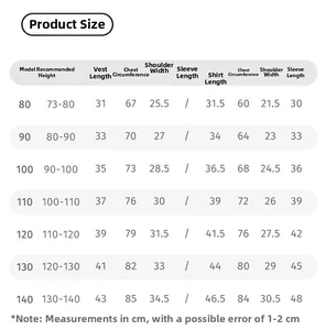 Detailed size chart for girls white shirt and colorful striped knit vest 2-piece set