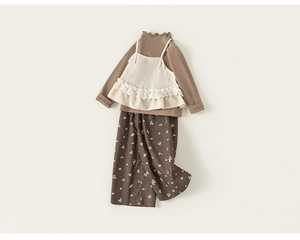 Ensemble 3 pièces fille avec caraco en dentelle, haut marron et pantalon à fleurs