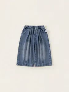Bambina Pantaloni Denim a Gamba Larga Vita Elastica Tinta Unita Misto Cotone Jeans Primavera Autunno Bambini Pantaloni Dritti